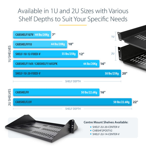 Rack Shelf StarTech.com CABSHELFV 2U Vented Heavy Duty Steel 50lb Capacity - CABSHELFV