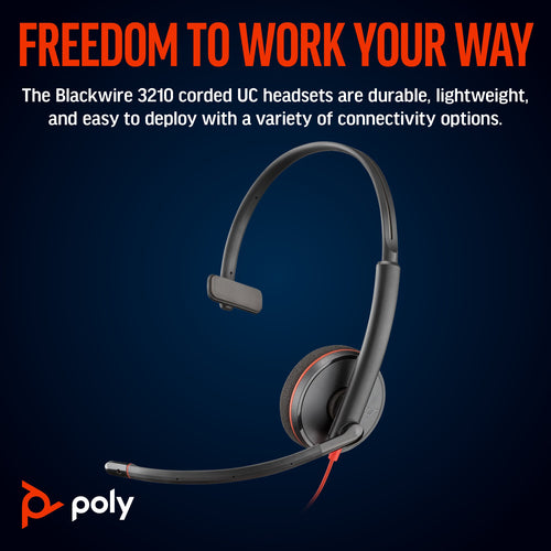 Headset HP Poly Blackwire 3210 Mono USB-C Wired 64g - 8X214AA