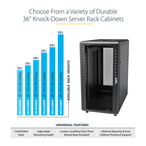 Rack Cabinet StarTech 4-Post 25U Lockable Data Rack 800kg with Casters - RK2536BKF