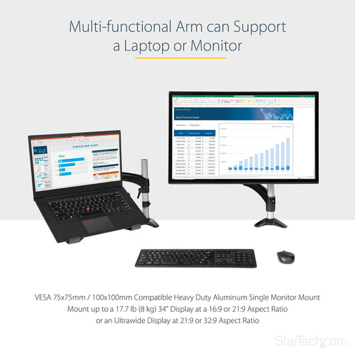 StarTech.com ARMUNONB1 Ergonomic Laptop & Monitor Stand - Adjustable Desk Mount with VESA Compatibility