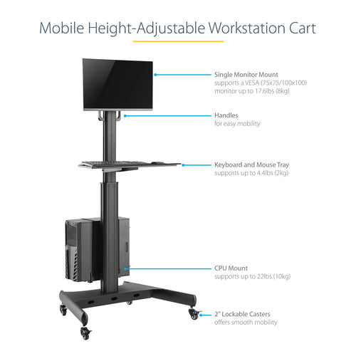 Mobile Workstation Cart StarTech WKSTNCART Monitor Mount Height Adjustable Rolling - WKSTNCART