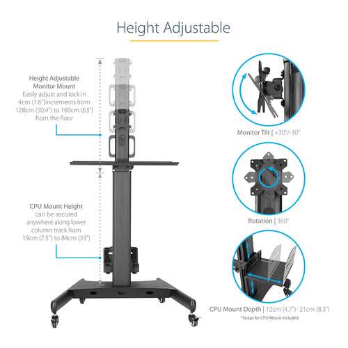 Mobile Workstation Cart StarTech WKSTNCART Monitor Mount Height Adjustable Rolling - WKSTNCART