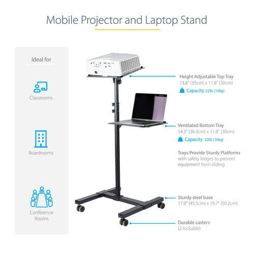 Multimedia Cart StarTech.com ADJPROJCART Heavy Duty Portable 2 Shelves Lockable Wheels - ADJPROJCART