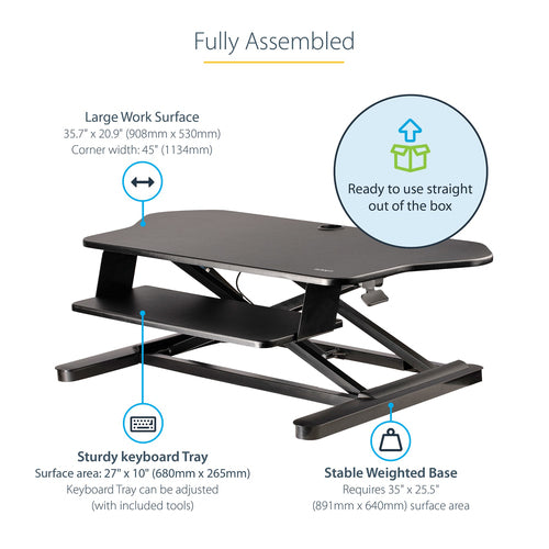 StarTech.com Corner Sit Stand Desk Converter - 35" x 21" - Ergonomic Dual Monitor Stand