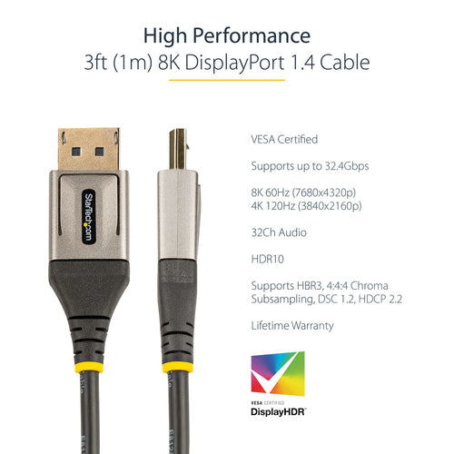 DisplayPort Cable StarTech.com DP14VMM1M 8K 60Hz 3ft HDR10
