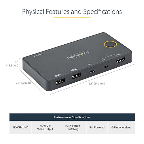 KVM Switch StarTech.com SV221HUC4K 4K 60Hz HDMI 2-Port USB-A USB-C