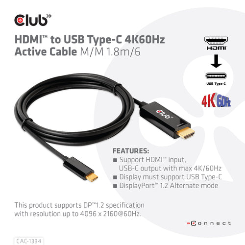 Video Cable Adapter CLUB3D CAC-1334 4K 60Hz HDMI to USB-C 1.8m