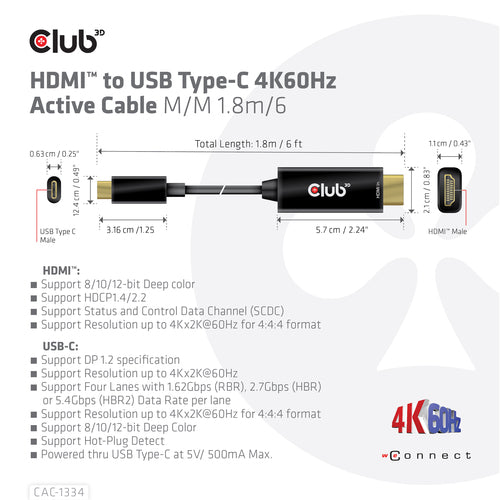Video Cable Adapter CLUB3D CAC-1334 4K 60Hz HDMI to USB-C 1.8m