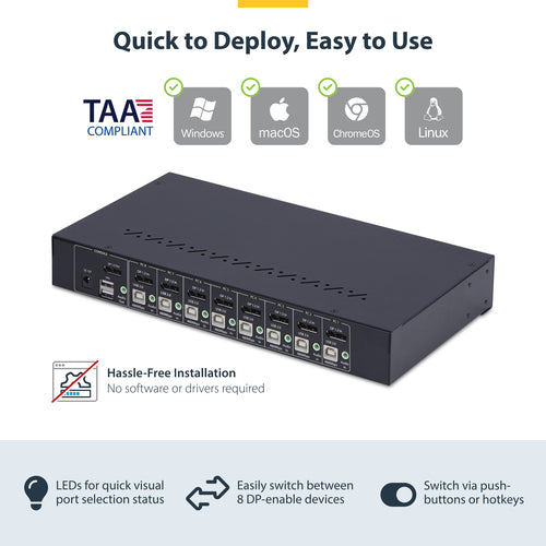 8-Port DisplayPort KVM Switch 4K 60Hz Rack Mount Kit OS Independent