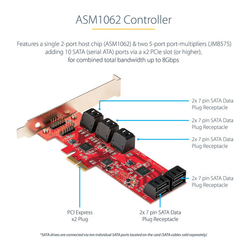 SATA PCIe Card StarTech 10-Port 6Gbps Low/Full Profile Stacked Connectors - 10P6G-PCIE-SATA-CARD