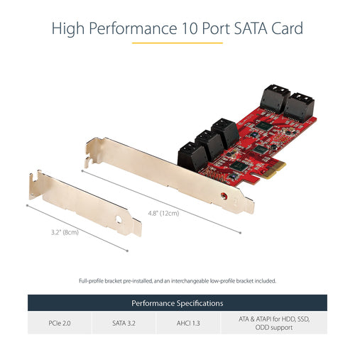 SATA PCIe Card StarTech 10-Port 6Gbps Low/Full Profile Stacked Connectors - 10P6G-PCIE-SATA-CARD