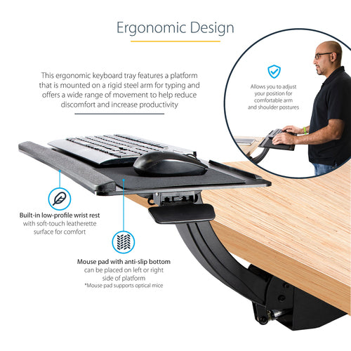 StarTech KBTRAYADJ2 Ergonomic Adjustable Keyboard Tray with Mouse Pad & Wrist Rest