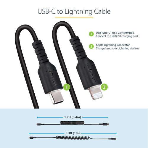 USB C to Lightning Cable 1m MFi Certified Coiled Charger Black