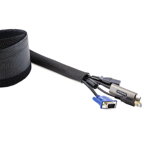 Cable Management Sleeve 10ft Black Polyester Trimmable Heavy Duty