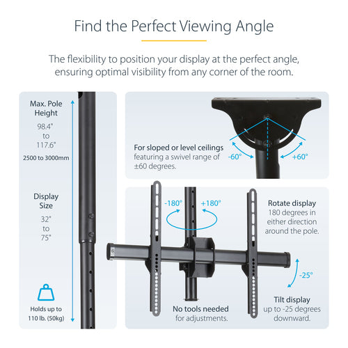 StarTech.com FPCEILPTBLP Full-Motion Ceiling Mount for 32”-75” Displays - Adjustable VESA Bracket
