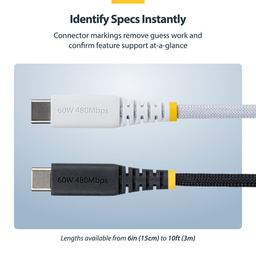 USB-C Charging Cable StarTech 30cm 60W Rugged Braided Nylon - USB2CC30CMNCBRWH