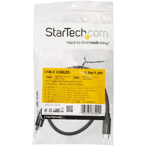 USB Cable StarTech.com USB-C 1.6ft Fast Charging 100W 5A PD USB 2.0 - USB2C5C50CM