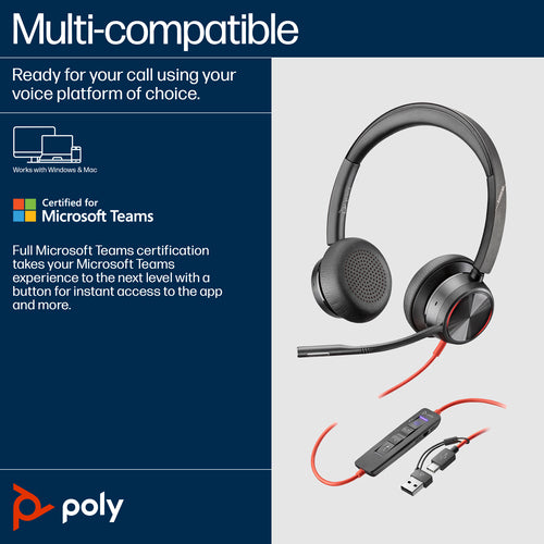 Headset HP Poly Blackwire 8225 Stereo Microsoft Teams Certified USB-C Wired 186g - 8X225AA
