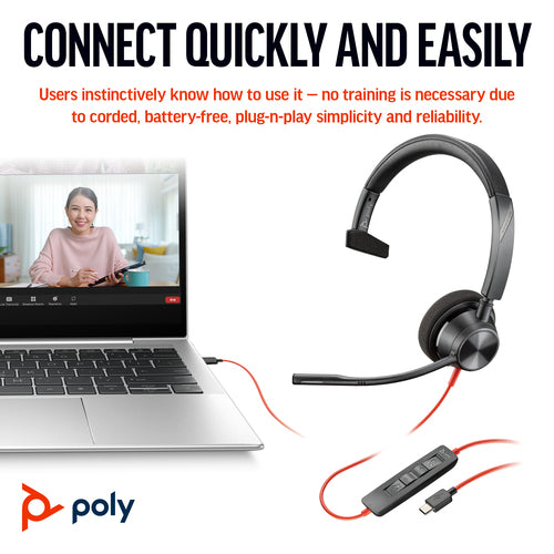 USB-C Headset HP Poly Blackwire 3310 Monaural Microsoft Teams Certified Wired 103g - 8X216AA