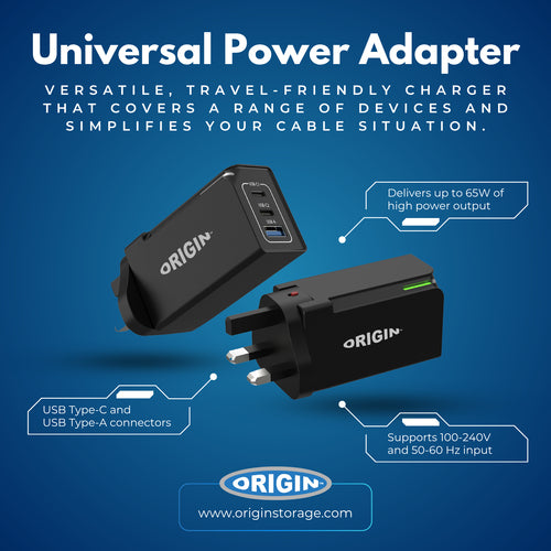 Power Adapter Origin Storage 65W 100-240V 20V 2in1 UK/US Plug - OS-WC65W
