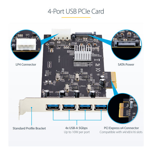 USB PCIe Card StarTech.com P5Q4A 4-Port USB 3.2 5Gbps Windows/macOS/Linux - P5Q4A-USB-CARD