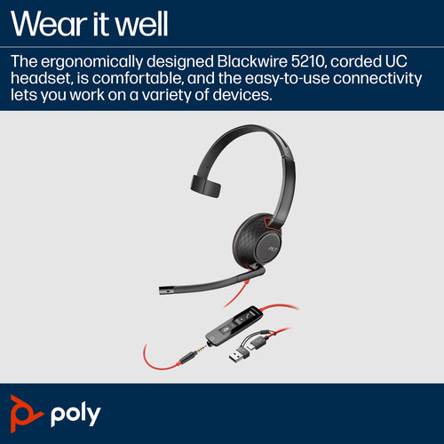 Monaural USB-C Headset HP Poly Blackwire 5210 Office Call Center Comfortable Design