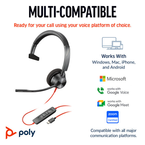 USB-C Headset HP Poly Blackwire 3310 Monaural Microsoft Teams Certified Wired 103g - 8X216AA
