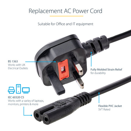 UK Laptop Power Cable 3ft 250V 2.5A BS 1363 to C7 Black