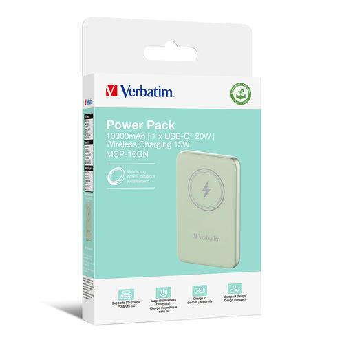 Verbatim Charge 'n' Go Magnetic Wireless Power Bank 10000mAh - Green, Quick Charge 3.0