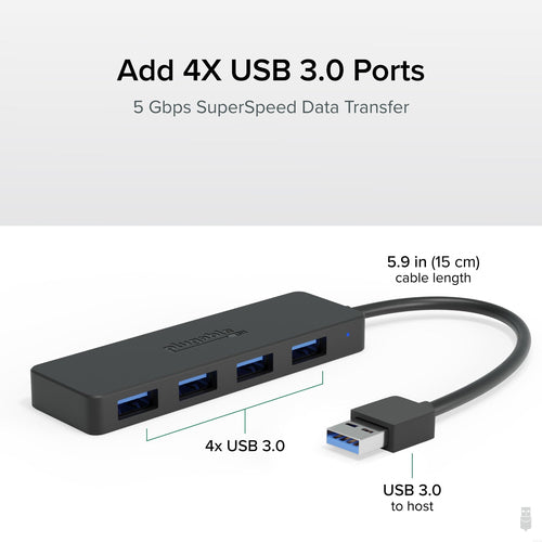 4 Port USB 3.0 Hub Plugable Technologies Black USB Splitter for Laptop
