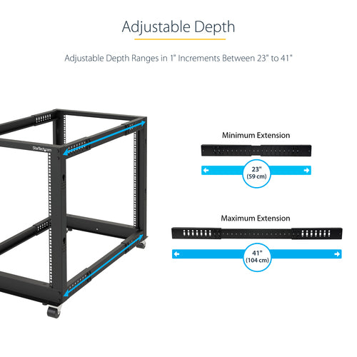 12U Open Frame Server Rack with Wheels Adjustable Depth 544kg Capacity
