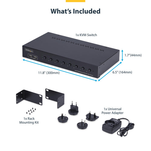 8-Port DisplayPort KVM Switch 4K 60Hz Rack Mount Kit OS Independent