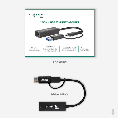 USB-C Ethernet Adapter Plugable Technologies USBC-E2500 2.5G 5000Mbit/s