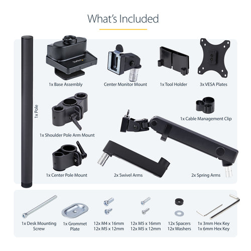 Monitor Mount StarTech.com 3MP2AG Triple Arm VESA 75x75/100x100 Tool-Less Adjustments - 3MP2AG-MONITOR-ARM