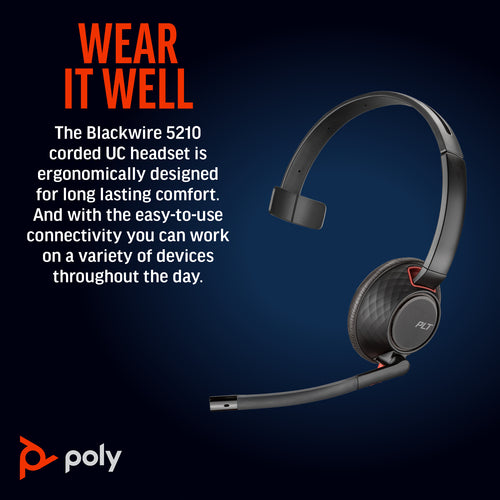 Monaural USB-C Headset HP Poly Blackwire 5210 Office Call Center Comfortable Design