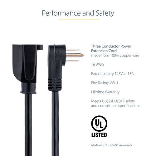 Power Extension Cord StarTech.com PAC101R1 1ft Right Angle 16AWG UL Listed Black