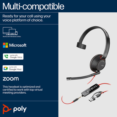 Monaural USB-C Headset HP Poly Blackwire 5210 Office Call Center Comfortable Design