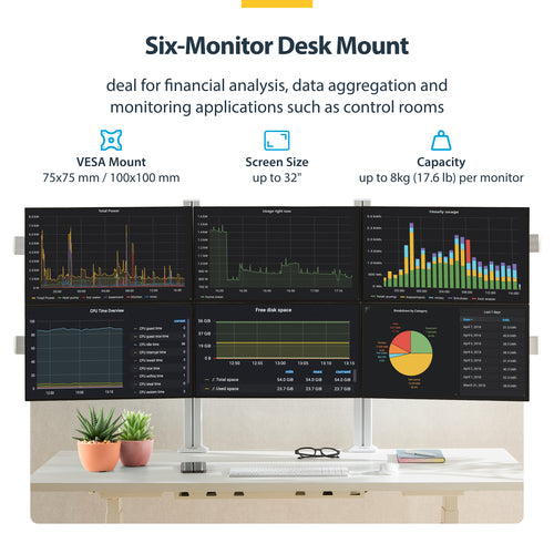 Monitor Mount StarTech.com 6-Monitor Arm Stand Height Adjustable VESA 100x100