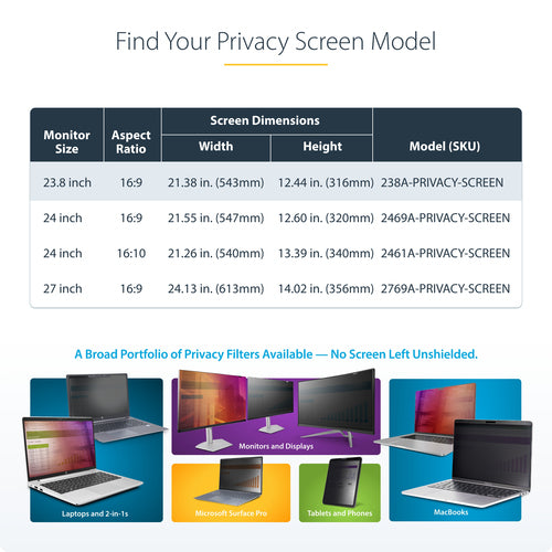 Privacy Filter StarTech.com 238A 23.8-Inch 16:9 Glossy Anti-Fingerprint Quick-Install - 238A-PRIVACY-SCREEN