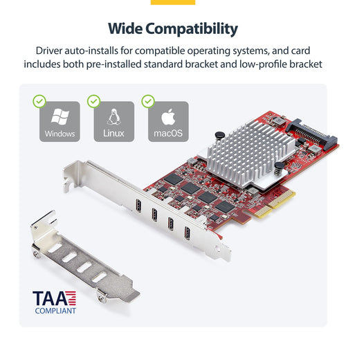 USB PCIe Card StarTech 4-Port USB-C 10Gbps Expansion Windows/Linux/macOS - P10Q4C-USB-CARD